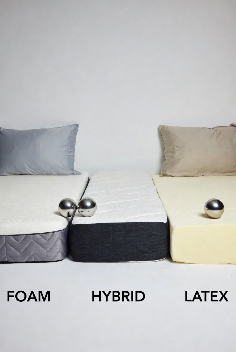 Motion isolation comparison showing foam, hybrid, and latex mattresses reducing partner movement for couples