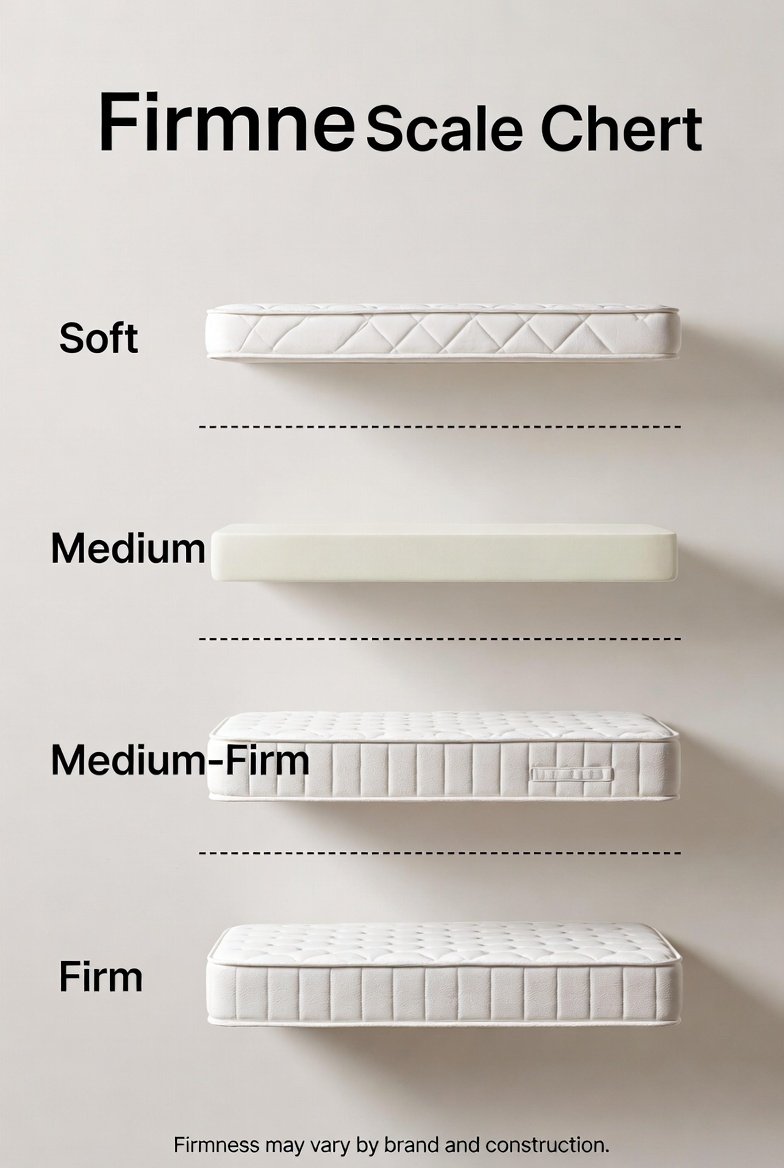 Mattress firmness scale showing soft, medium, medium-firm, and firm mattress levels with note that firmness varies by brand